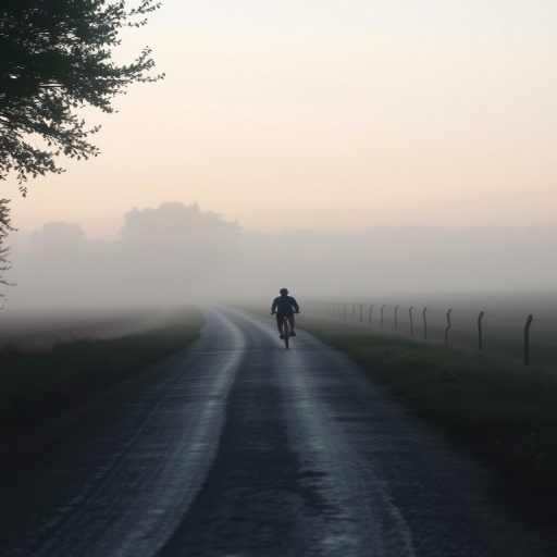 Low-light, foggy morning scene, a lone cyclist on a narrow country road, mist hanging low over the fields on either side, soft pastel hues in the sky, wet pavement reflecting the muted light, trees lining the road barely visible through the fog, tire tracks in the damp dirt along the road's edge.