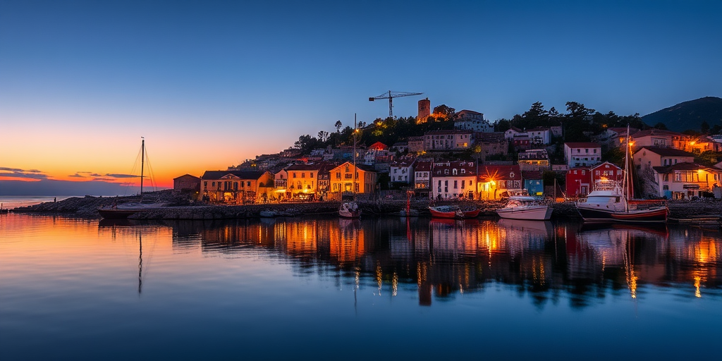 Generate a high-resolution coastal village scene at dusk with colorful boats reflecting in calm water, using a DSLR camera with a 24mm lens, aperture f/8, ISO 200, and a long exposure for enhanced clarity and depth.