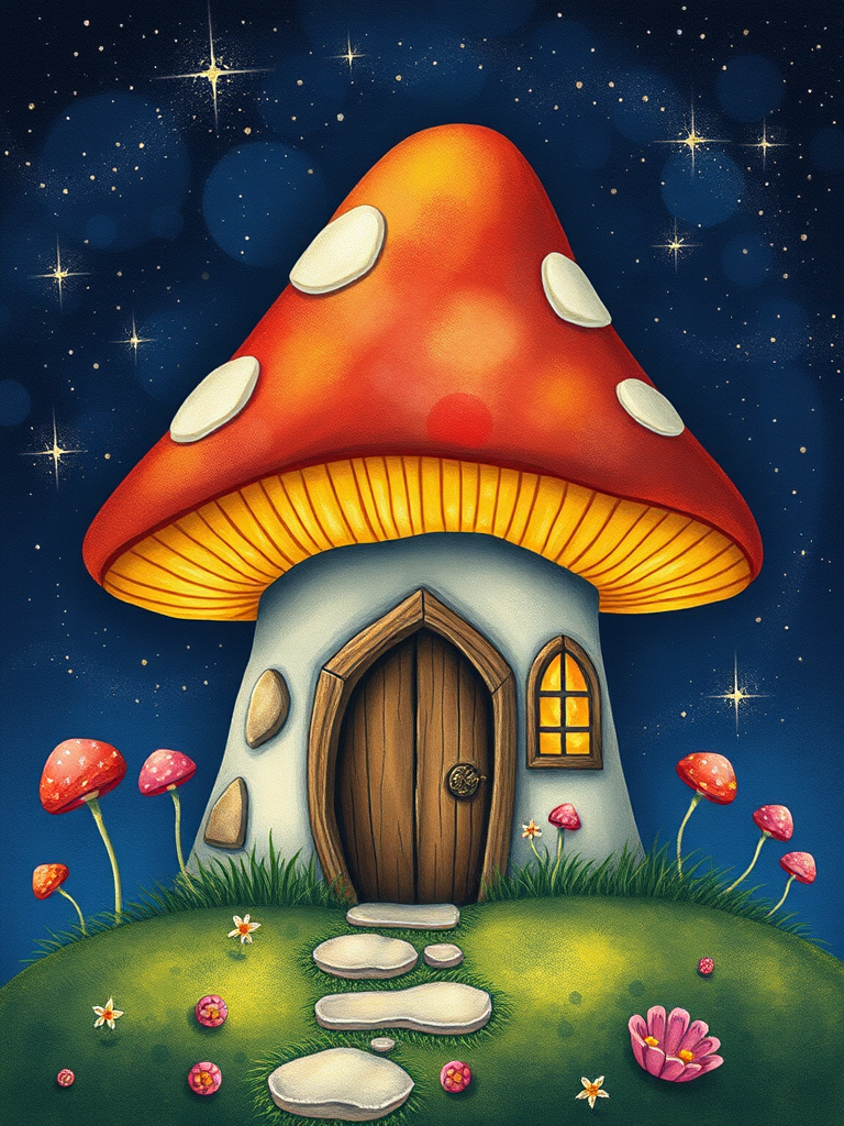 this picture is illustration of a mushroom house with a door and a window, a storybook , fantasy art, mushroom house, bg starry sky, sparkles