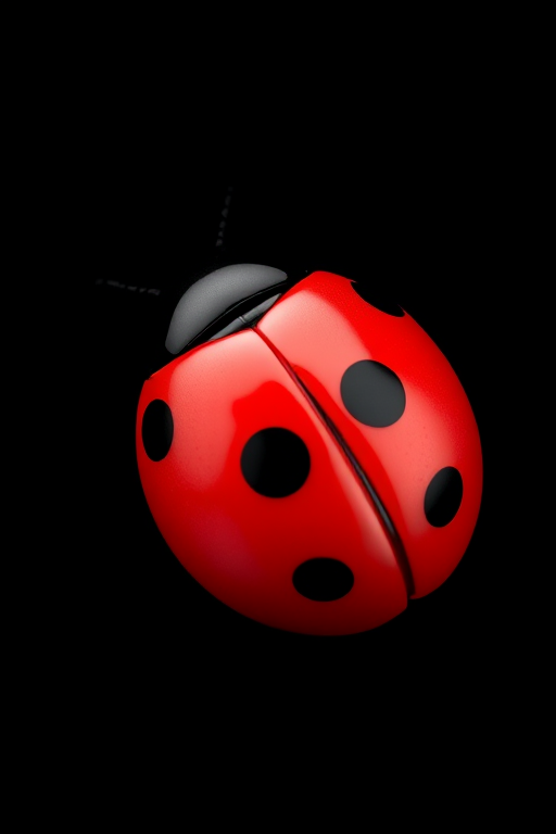Create a high-resolution vector illustration of a cute ladybug with a red shell and black spots on a black background, using a Canon EOS R5 with an 85mm f/1.2 lens, aperture set to f/2.8, ISO 100, in a soft-focus style to enhance details and vibrancy.