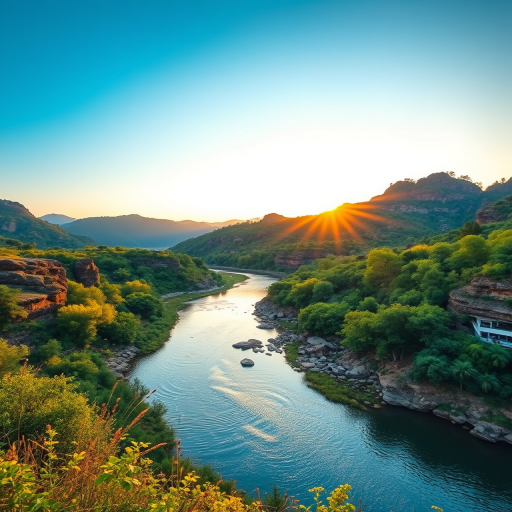 Capture a vibrant landscape of a lush riverbank surrounded by greenery and rocky hills during golden hour, using a DSLR camera at f/8, ISO 200, 1/125 sec, with a wide-angle lens and a polarizing filter for enhanced colors and clarity, shot from a high angle to emphasize the water reflections and depth.