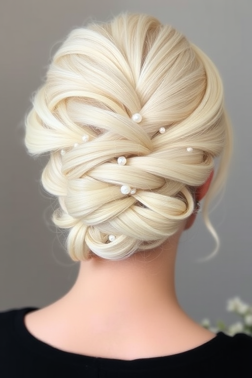 Elegant platinum blonde French twist adorned with delicate pearl pins, exuding sophistication and timeless grace, aptly named "Moonlit Serenade"