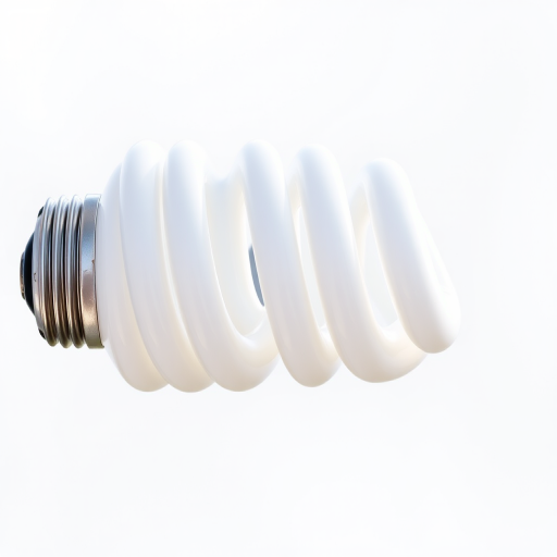Create a detailed illustration of a spiral compact fluorescent light bulb with a transparent background, using a DSLR camera with a 50mm lens at f/2.8, shot from a slightly elevated angle to emphasize the bulb's curves and details, in natural lighting for enhanced contrast and clarity.