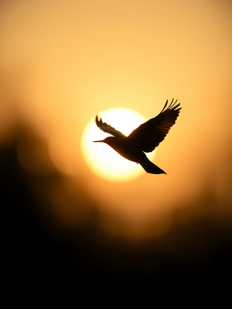 Regenerate the image of a stylized silhouette of a bird in flight, captured with a Canon EOS R6, 50mm f/1.2 lens, ISO 200, aperture f/2.8, shutter speed 1/4000s, natural light, and a shallow depth of field for a smooth background bokeh effect.