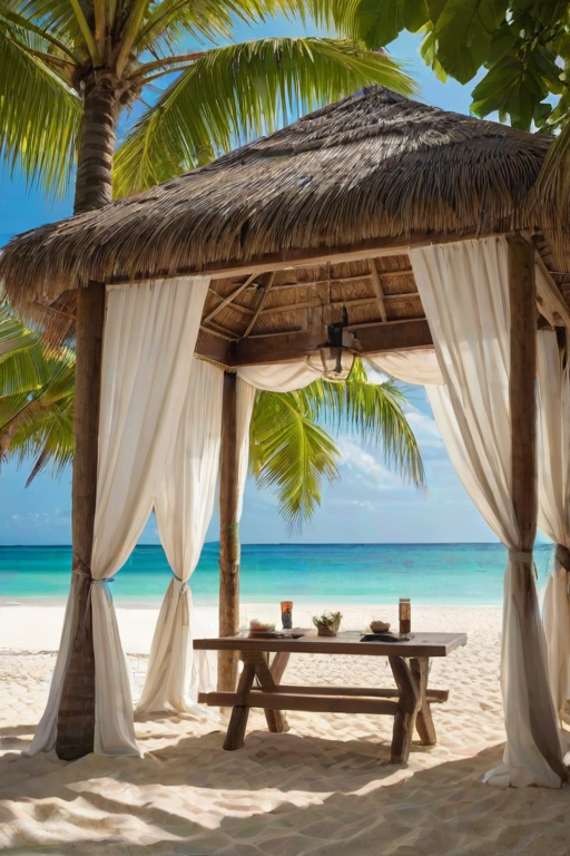 Create a picturesque tropical beach scene featuring a serene, white sandy shore. In the foreground, there's a rustic wooden canopy with white drapes gently flowing in the breeze. Underneath the canopy, a table is set with tropical decor, evoking a sense of relaxation and leisure. The beach extends into a calm, shallow water area with reflections of the sky and surroundings. Palm trees and lush greenery line the edge of the beach, providing a natural, tropical backdrop. The sky is clear with a few scattered clouds, and the overall atmosphere is tranquil and inviting, perfect for a peaceful retreat.