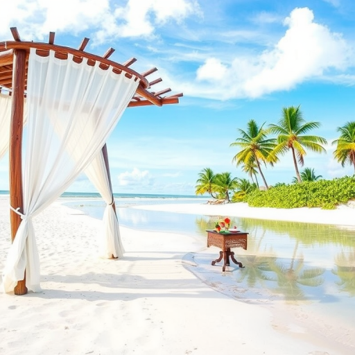Create a picturesque tropical beach scene featuring a serene, white sandy shore. In the foreground, there's a rustic wooden canopy with white drapes gently flowing in the breeze. Underneath the canopy, a table is set with tropical decor, evoking a sense of relaxation and leisure. The beach extends into a calm, shallow water area with reflections of the sky and surroundings. Palm trees and lush greenery line the edge of the beach, providing a natural, tropical backdrop. The sky is clear with a few scattered clouds, and the overall atmosphere is tranquil and inviting, perfect for a peaceful retreat.