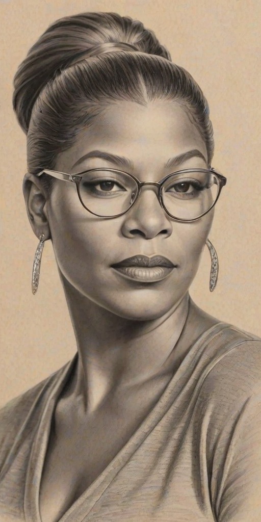 Alluring Queen Latifah, pencil sketch, portrait of Resplendent woman 1924s in glasses, hair style beatnik, outline, clear lines, fine lines, 8k