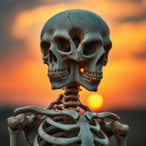 Create a hyper-realistic image of a skeletal figure with intricate organic textures exposed, featuring a mix of bone and muscle tissues, set against a dramatic sunset background, using a DSLR camera with a 50mm lens, aperture set to f/1.8, ISO 100, and shutter speed at 1/200s to enhance depth of field and detail.