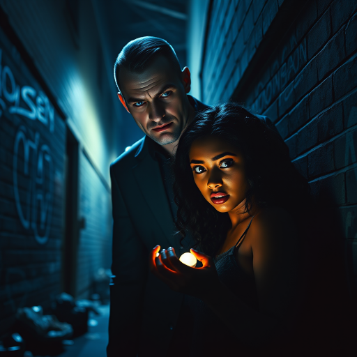 A young woman with deep brown skin and long, curly black hair stands in a dimly lit alley, her eyes wide with fear. She clutches a small, glowing amulet in her hand. A tall, pale man with sharp features and piercing blue eyes looms over her, his expression cold and calculating. The scene is bathed in a cold blue light from a nearby streetlamp, casting long, ominous shadows. The background is gritty and urban, with graffiti-covered walls and discarded trash. The style is reminiscent of Christopher Nolan's dark, moody cinematography, with high contrast and a blue tint. Film grain adds to the gritty, realistic texture.