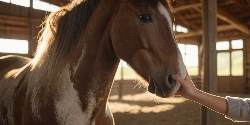 Softly focused image of a child's hand reaching out to touch the nose of a large, gentle horse, soft sunlight filtering through the barn, with dust particles floating in the warm air.