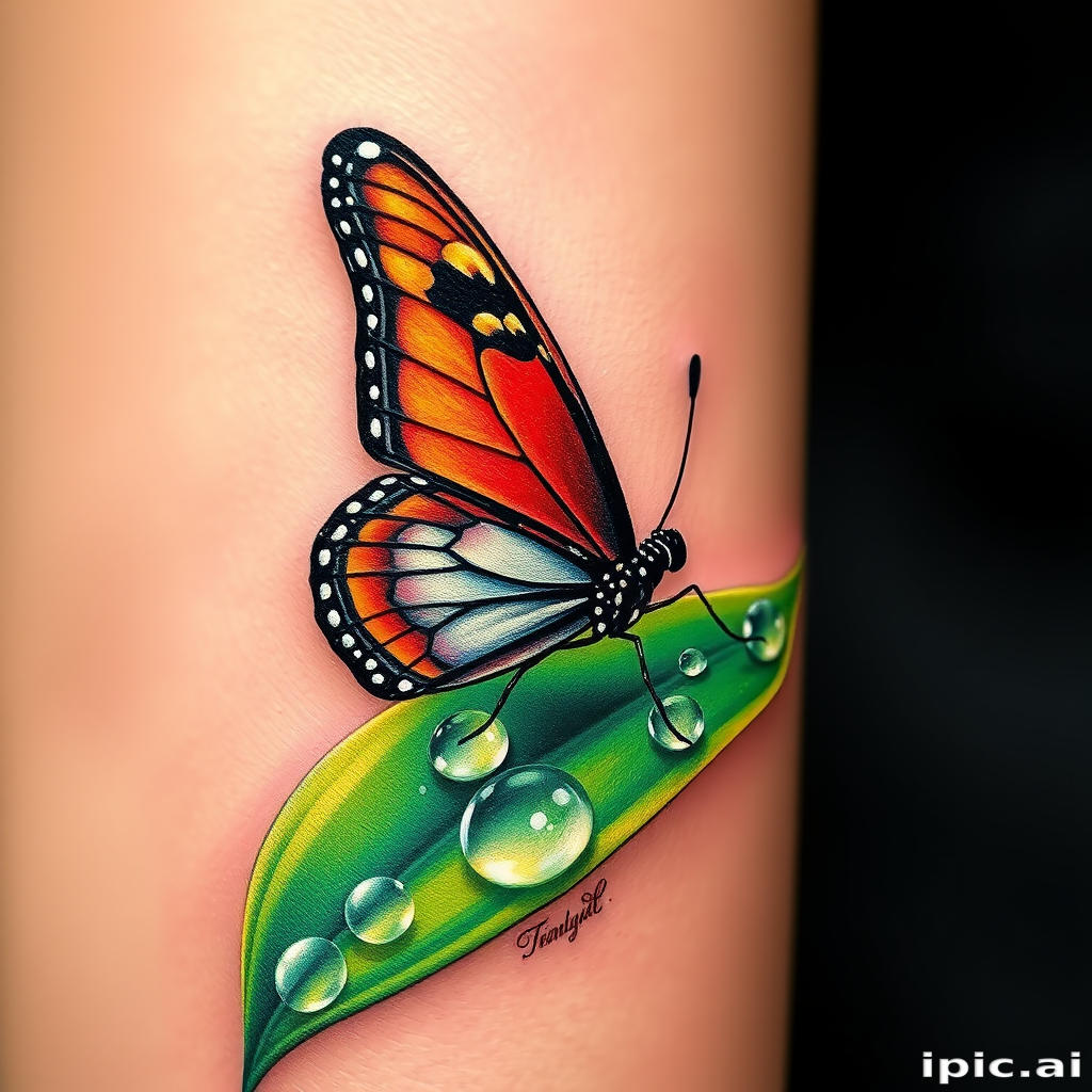 Realistic 3D tattoo "Living Canvas" portraying a hyper-realistic butterfly perched on a dewdrop-covered leaf, with lifelike textures and shading in vivid, true-to-life colors
