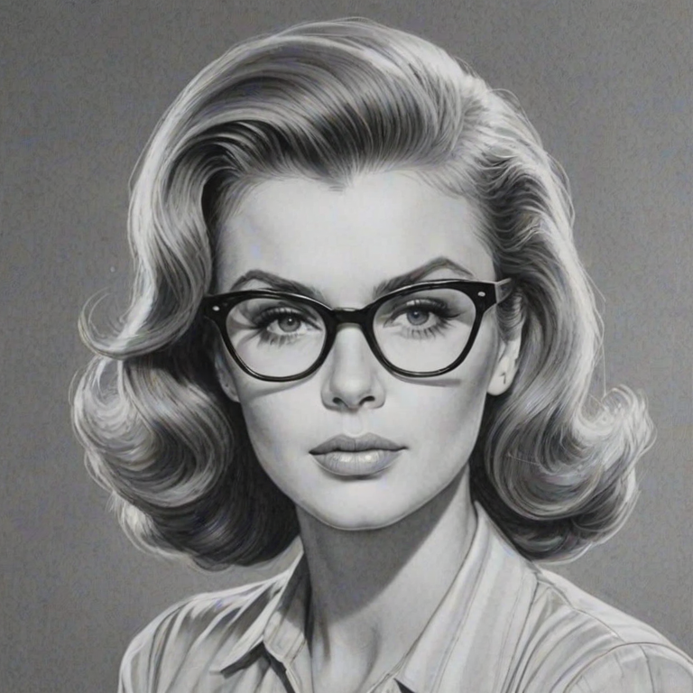Fetching Ann-Margret, pencil sketch, portrait of Fetching woman 1943s in glasses, hair style beatnik, outline, clear lines, fine lines, 8k