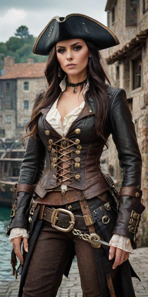 Create a portrait of a fierce female pirate. She wears a leather tricorn hat adorned with a skull and crossbones emblem, and her long, dark hair flows around her face. Her outfit consists of a richly detailed leather jacket, a corset, and multiple layers of belts and accessories, giving her a formidable and stylish appearance. She stands confidently in a dimly lit, historic port town, with a backdrop of weathered buildings and cobblestone streets, capturing the adventurous spirit of a pirate.