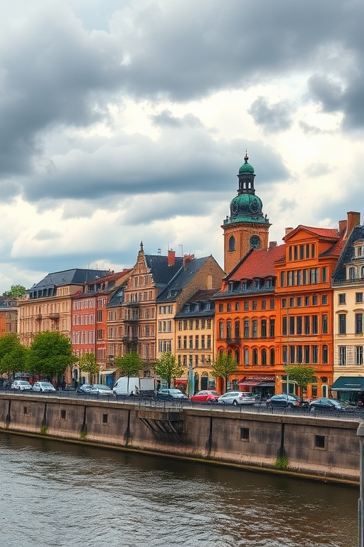 Capture a vibrant urban scene featuring historic buildings lining a riverbank under a cloudy sky, using a DSLR camera with a 50mm lens, aperture f/8, ISO 200, shutter speed 1/200s, in natural light to enhance clarity and detail.
