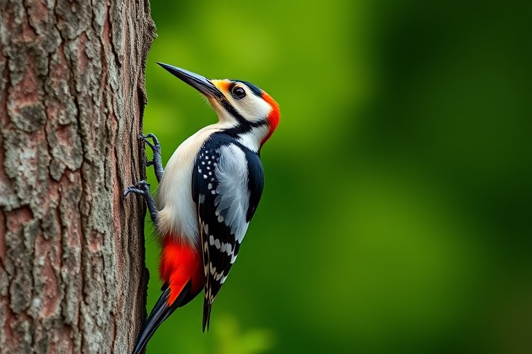 Capture a detailed close-up of a great spotted woodpecker perched on a tree trunk, aperture f/2.8, shutter speed 1/250s, ISO 200, natural light with a blurred green background, using a DSLR camera with a 100mm macro lens.