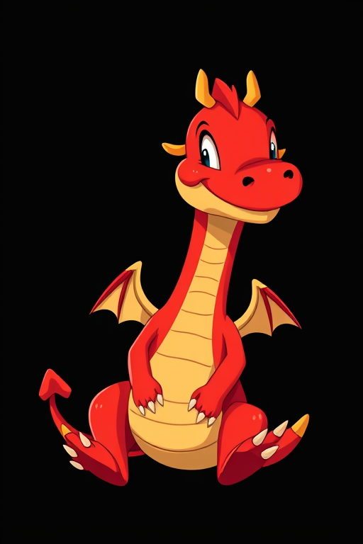 Create an illustration of a friendly red dragon with yellow spikes, sitting casually with a cheerful expression, against a solid black background, using a Canon EOS R5 camera with a 50mm f/1.2 lens, shot in vibrant color mode at ISO 100, aperture f/2.8, and a shallow depth of field for enhanced detail and quality.