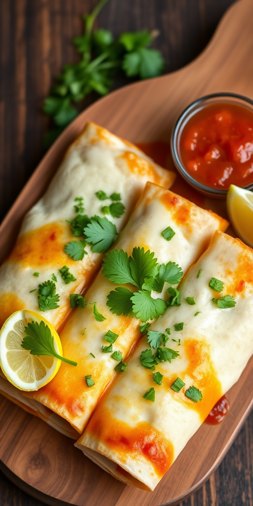 Delicious enchiladas served on a wooden platter with a side of salsa, garnished with fresh cilantro and a lemon wedge, photographed with a Canon EOS R5, 50mm lens, f/1.8, ISO 100, natural soft lighting, top-down view.