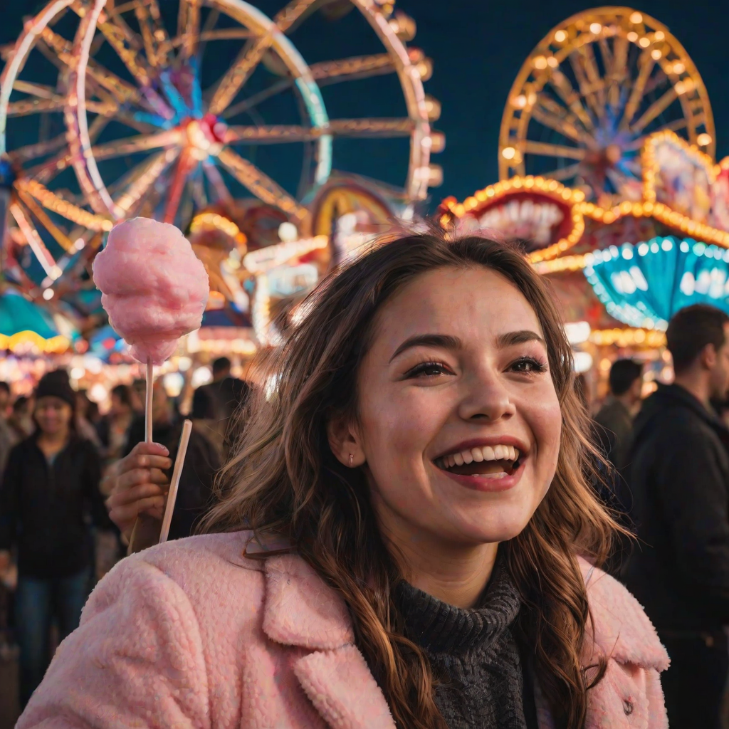 Busy carnival at twilight, vibrant lights from the rides reflecting on the faces of the crowd, a woman holds a cotton candy stick, laughing as she watches a Ferris wheel spin in the distance.