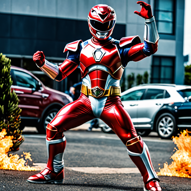 Crie uma imagem de um Power Ranger de frente com o homem de ferro se ...