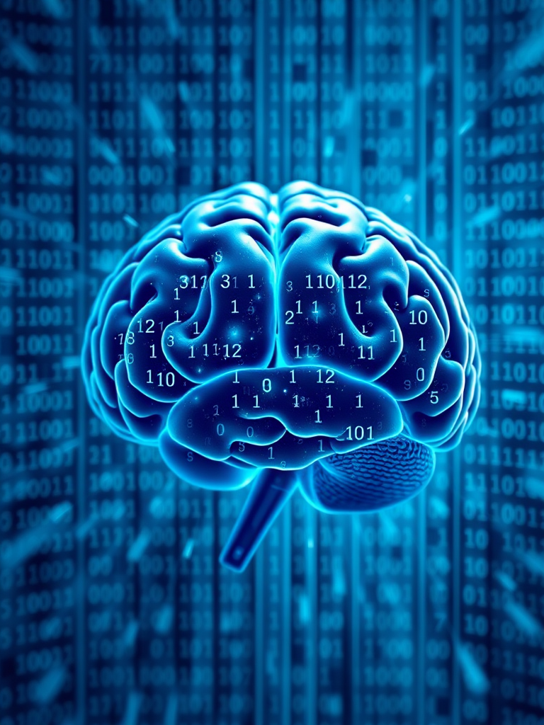 Generate a high-quality abstract image of a brain surrounded by binary code, using a Canon EOS R5 with an ISO of 100, aperture set to f/8, shutter speed of 1/125s, in a wide-angle shot with a soft focus style and a blue color palette.