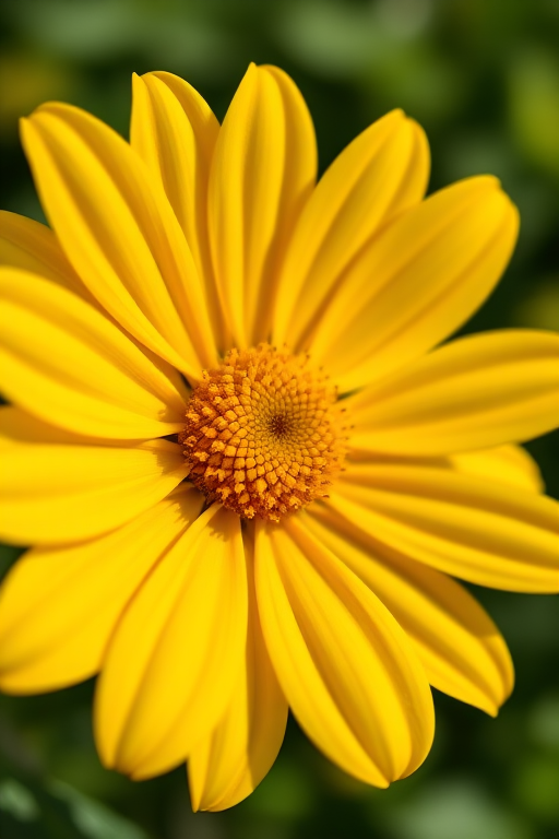 A close-up shot of a vibrant yellow flower with detailed petals, taken with a DSLR camera at f/2.8 aperture, 1/200 second shutter speed, ISO 100, in natural lighting, focus on the center and a blurred green background for depth.