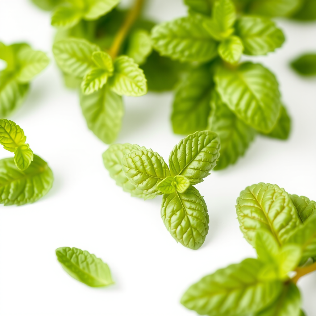 fresh mint leaves on a white background, shallow depth of field, f/2.8, 1/125s, ISO 100, 50mm lens, natural light, DSLR camera