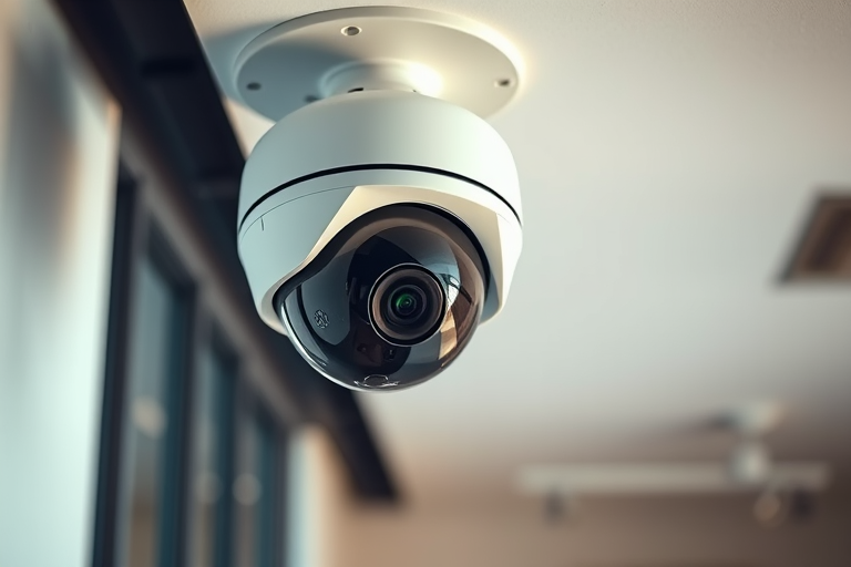 Create a high-resolution image of a modern surveillance camera mounted on a ceiling, using a DSLR camera with a 50mm lens, f/1.8 aperture, ISO 200, at a 1/100 sec shutter speed, in a well-lit indoor environment with soft shadows and a blurred background for depth.