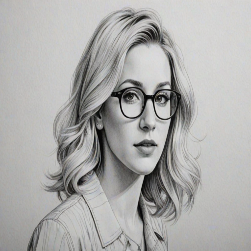 Attractive Ellie Goulding, pencil sketch, portrait of Enticing woman 1932s in glasses, hair style beatnik, outline, clear lines, fine lines, 8k