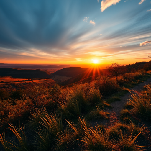 Generate a vibrant landscape scene during golden hour, with soft lighting and dramatic shadows, using a Canon EOS R5, 50mm lens, aperture f/1.8, ISO 100, shutter speed 1/250s, shot from eye level in a wide-angle view.