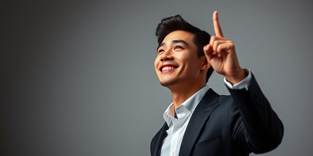 portrait of a young man in a sleek black suit pointing upwards, smiling confidently, studio lighting, soft focus, Canon EOS 5D Mark IV, 50mm lens, aperture f/1.8, ISO 100, 1/200 sec, neutral background