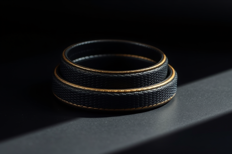 photorealistic image of a black and gold belt coiled neatly on a dark background, soft lighting, focus on texture details, shot with a DSLR camera, 50mm lens, aperture f/2.8, ISO 100, shallow depth of field, natural light with diffused shadows