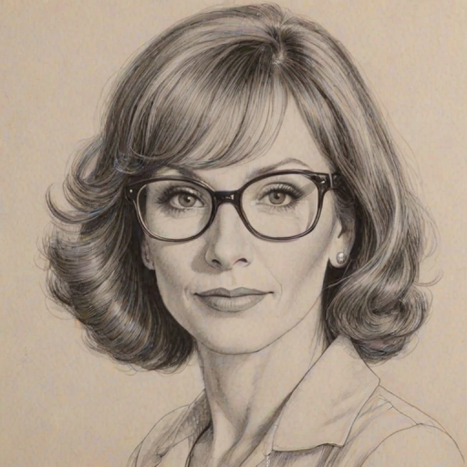 Magnificent Marilu Henner, pencil sketch, portrait of Resplendent woman 1948s in glasses, hair style beatnik, outline, clear lines, fine lines, 8k