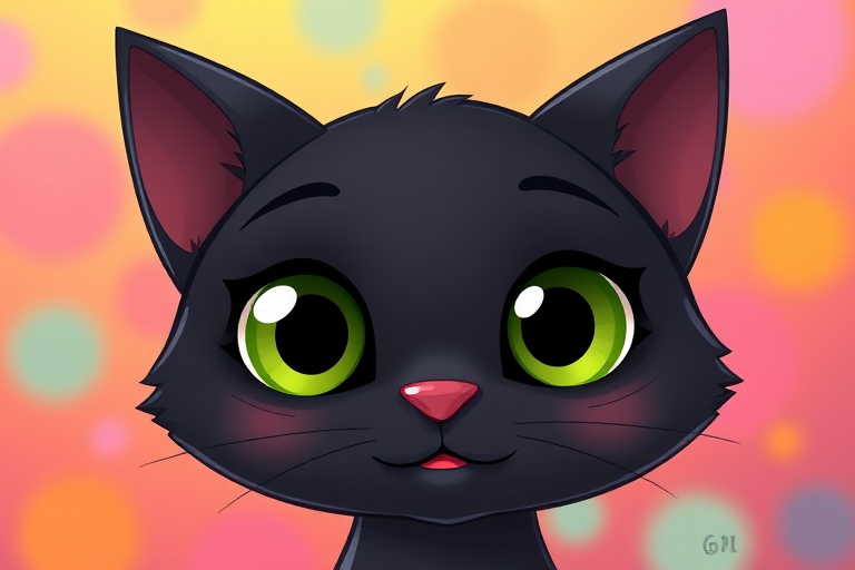 Create a high-resolution cartoon illustration of a cute black cat face with oversized green eyes, using a digital camera with a 50mm lens, f/2.8 aperture, 1/100s shutter speed, 300 DPI, and a bright, colorful background.
