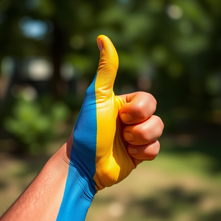 Create an image of a hand giving a thumbs up painted in the colors of the Ukrainian flag, use a Canon EOS R5 camera, ISO 100, f/2.8 aperture, 50mm lens, shot in natural light with a shallow depth of field to enhance vibrancy and focus on the hand while softly blurring the background.