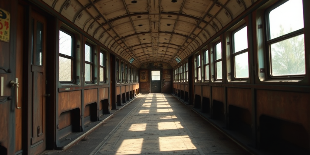 interior of an abandoned train car, wide-angle view, soft natural lighting, DSLR camera, aperture f/4, shutter speed 1/60s, ISO 200, focus on the perspective down the aisle