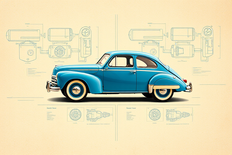 Create a high-resolution technical illustration of a vintage blue car with detailed blueprints and schematics on a textured cream background, captured with a Canon EOS R5, 35mm lens, f/8 aperture, ISO 100, in a side profile view with soft natural lighting.