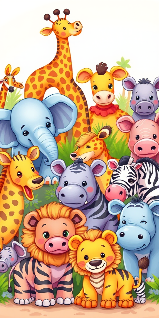 Create a vibrant and colorful cartoon-style digital illustration of cute baby animals including elephants, rhinos, hippos, giraffes, zebras, lions, and more, ensure a soft focus effect with a high-resolution setting of 300 DPI, using a wide-angle view captured with a DSLR camera at f/4.0 for depth of field, and vibrant lighting to enhance colors and details.