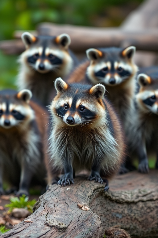 Capture a group of raccoons in a natural setting, focusing on one raccoon standing on a log, using a Canon EOS R5, 85mm f/1.2 lens, aperture at f/2.8, ISO 200, shutter speed 1/500s, with a shallow depth of field and soft background blur for enhanced detail and image quality.