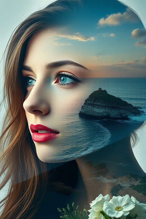 this photo is Book cover, A surreal double exposure portrait that blends a woman's face with a beautiful seascape. The overall mood is dreamy and mystical, with rich colors and intricate details