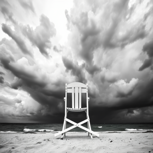 high contrast black and white image of a lifeguard chair on a beach with dramatic stormy clouds overhead, ISO 100, f/8, shutter speed 1/125s, wide angle lens, shot from a low angle with a focus on the chair and blurred background to enhance depth.