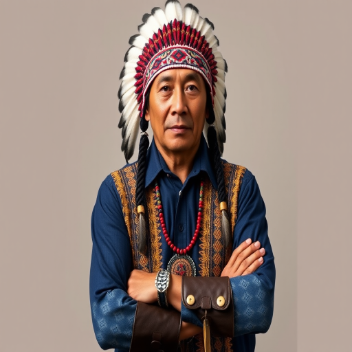 Create a dignified portrait of a Native American man dressed in traditional attire. He wears a beautifully crafted headdress adorned with white feathers and red beads, along with a beaded headband featuring intricate patterns. His clothing includes a deep blue, patterned shirt and a traditional chest piece with detailed beadwork. His arms are crossed, displaying leather armbands decorated with feathers. The background is simple and neutral, emphasizing his proud and stoic expression. The overall image captures the rich cultural heritage and strength of his persona.