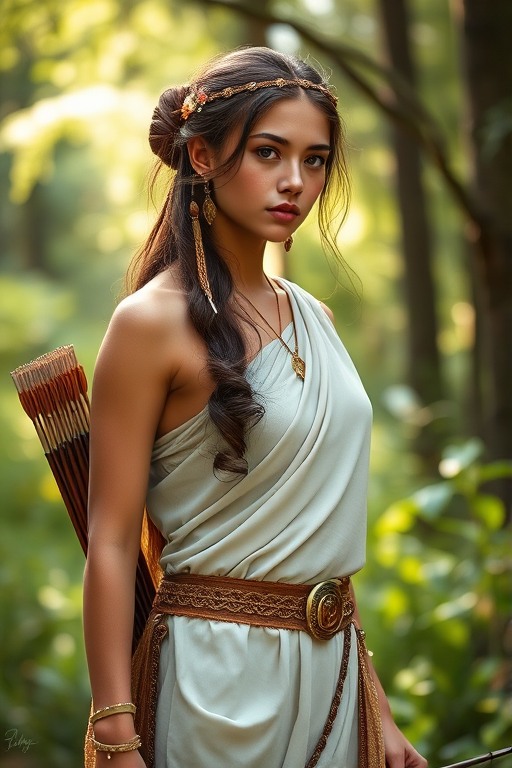 Create a portrait of a goddess-like Native American girl figure in a tranquil, forested environment. She has an elegant appearance with long, wavy hair styled in an updo and adorned with a delicate, floral headband. She wears a flowing, ancient Greek-inspired gown in a soft, pale color, featuring a one-shoulder design and draped fabric that accentuates her graceful form. The outfit includes a decorative belt with ornate gold detailing, and she holds a bow in her hand, with a quiver of arrows slung over her shoulder. The background depicts lush greenery, with sunlight filtering through the trees, casting a gentle, ethereal light on the scene. Her expression is calm and contemplative, embodying a sense of wisdom and serenity.
