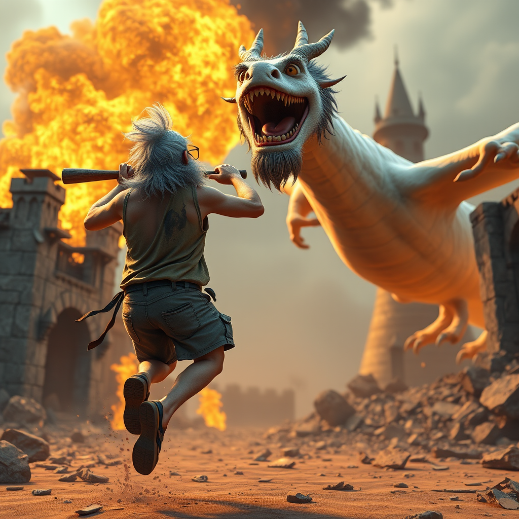 Cartoon 3D High-Resolution,dynamic battle scene using Unreal Engine 5 and Octane Render. The scene features back of an elderly, thai man with a beard,messy hair and round golden-rimmed glasses. He is wearing a tattered tank top with soot marks, shorts, and sandals. sweating. he wields a baseball bat. He jump to fight with a white fire-breathing Europe dragon amidst a partially destroyed stone castle. Include intense flames, smoke, and debris to enhance the dramatic effect.