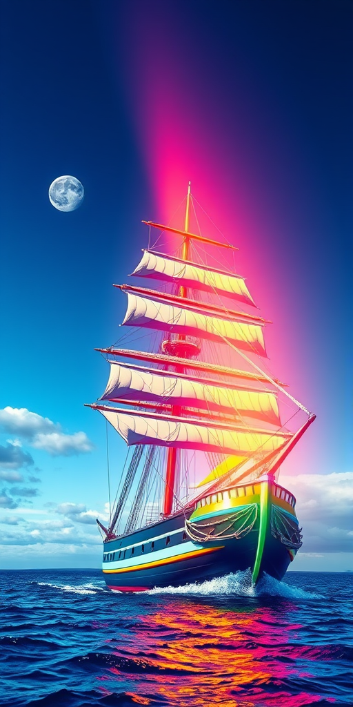Create a highly detailed, colorful digital illustration of a multi-masted sailing ship with a rainbow prism effect, captured from a low angle view using a DSLR camera with a 50mm lens at f/1.8 aperture, ISO 100, and a high dynamic range for enhanced image quality.