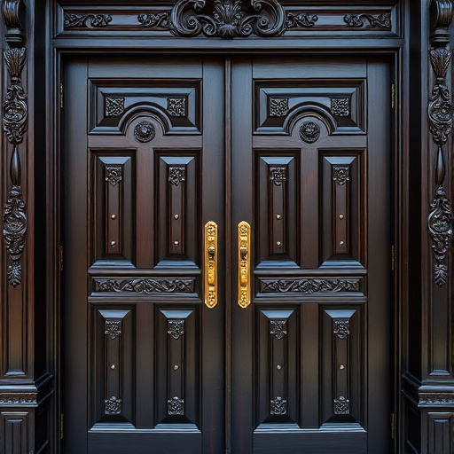 high-quality image of a dark wooden double door with intricate carvings and polished brass handles, 50mm lens, f/2.8 aperture, ISO 100, taken in natural light from eye level, DSLR camera, studio style lighting