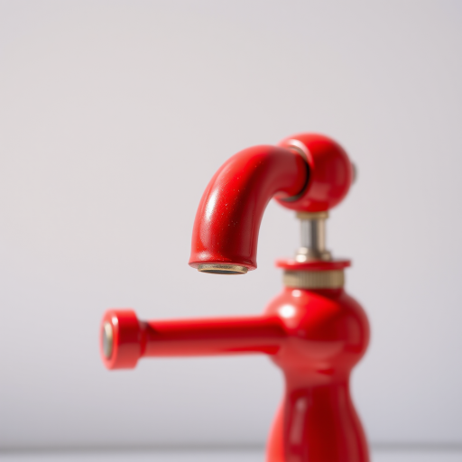 Create a high-resolution image of a red faucet with a detailed view, using a 50mm lens at f/2.8, ISO 100, and a shutter speed of 1/250s, shot in natural light against a simple background for clarity, focusing on the texture and design of the faucet.