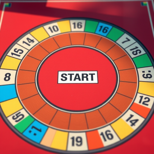 Create a highly detailed and vibrant illustration of a board game layout with numbered squares arranged in an oval track, featuring a prominent "Start" square, using a DSLR camera with a 50mm lens, f/2.8 aperture, ISO 100, and natural lighting to enhance the colors and clarity.