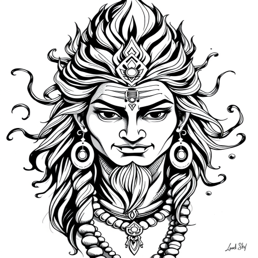Create a high-contrast black and white illustration of Lord Shiva with intricate line work and flowing ink patterns, using a Canon EOS R5 with a 50mm f/1.2 lens, aperture f/8, ISO 100, and a shallow depth of field for a crisp focus on the details.