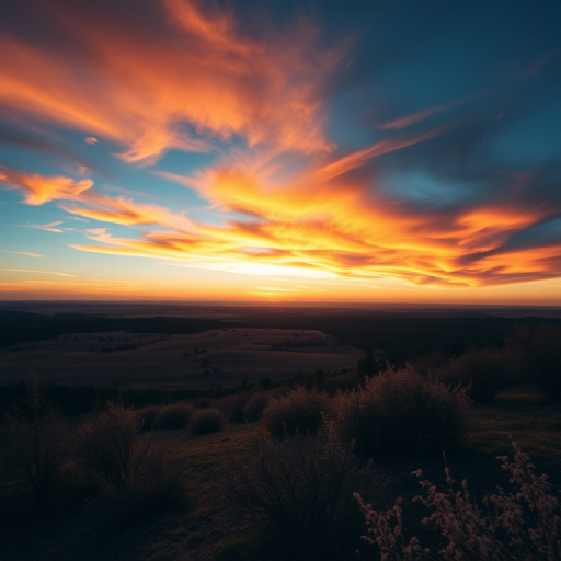 Create a high-resolution image of a serene landscape at sunset with vibrant colors in the sky, using a DSLR camera set to ISO 100, f/11 aperture, 1/250 second shutter speed, and a wide-angle lens capturing a panoramic view.