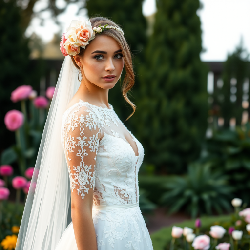 Garden scene, bridal model, delicate lace gown, floral headpiece, soft romantic focus, high-key lighting and an 85mm lens for soft, even tones that highlight the model’s face and bright outfit against a white or light background
